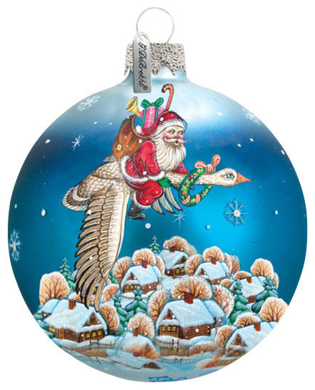 Hand Painted Scenic Glass Ornament Santa On Goose Ball
