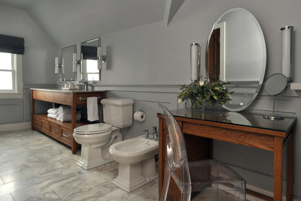 Photo of a large transitional bathroom in Chicago with an undermount sink, open cabinets, medium wood cabinets, marble benchtops, a bidet, white tile, stone tile, blue walls, marble floors and with a sauna.