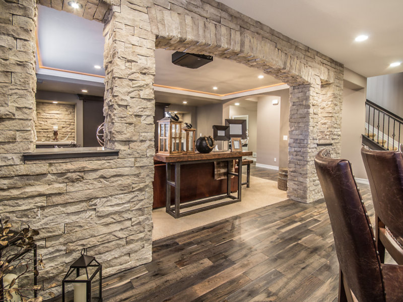 Inspiration for a rustic basement remodel in Denver