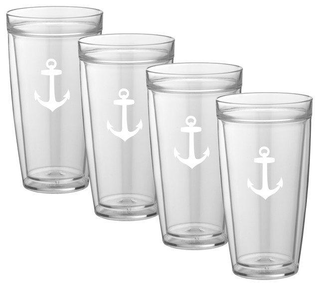 Kraftware Double Wall Tall Glasses, Anchor, 22 oz, Set of 4 Beach