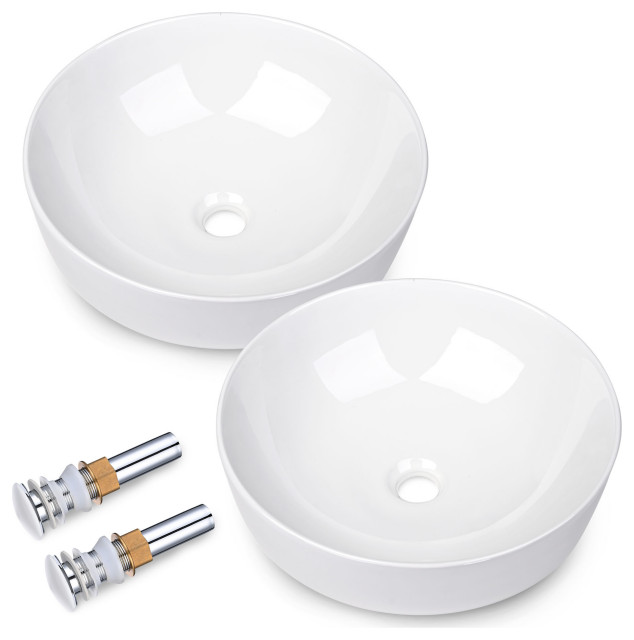 16" Round Ceramic Bathroom Countertop Vessel Sink+Pop up Drain Hotel 2 Pack Contemporary