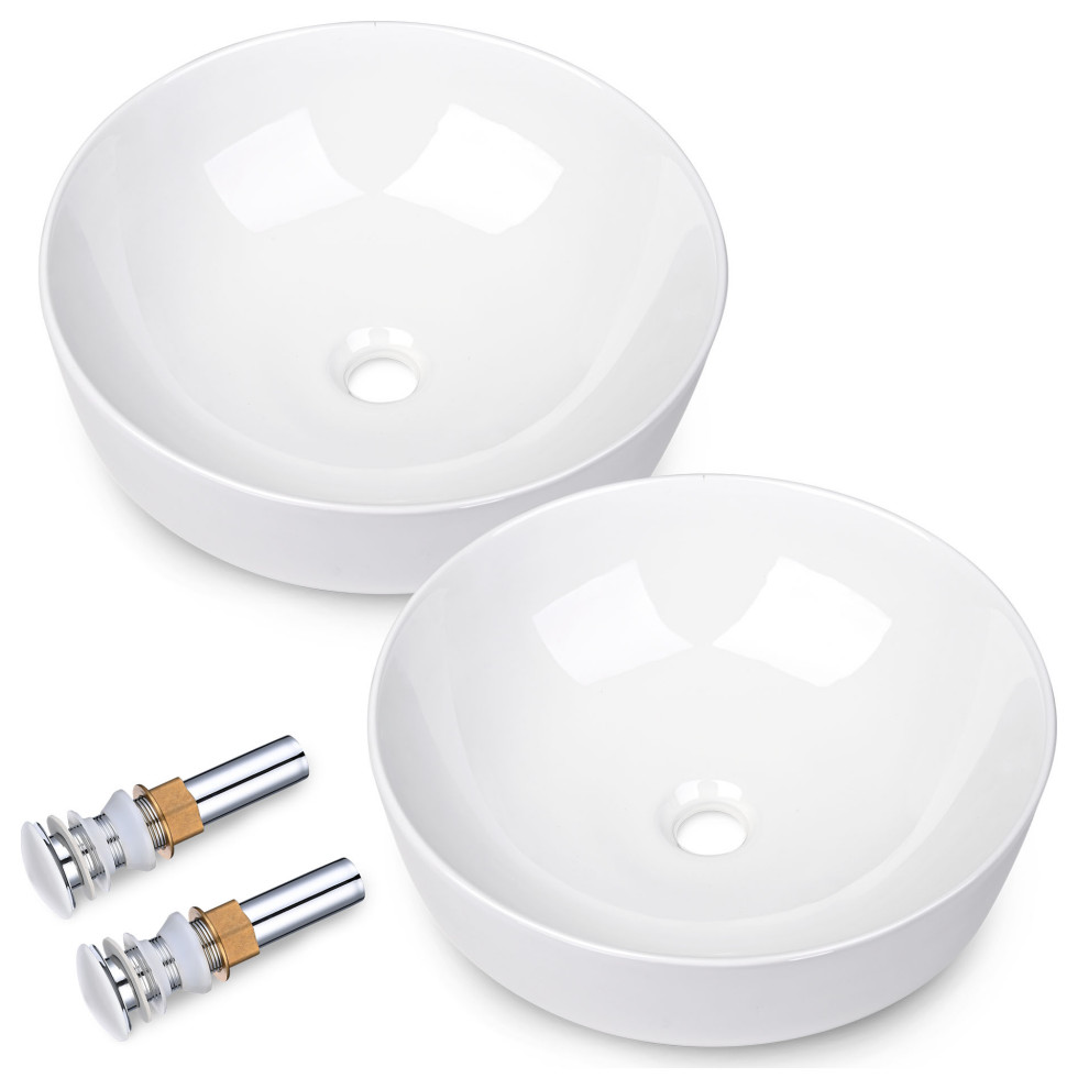 16" Round Ceramic Bathroom Countertop Vessel Sink+Pop up Drain Hotel 2