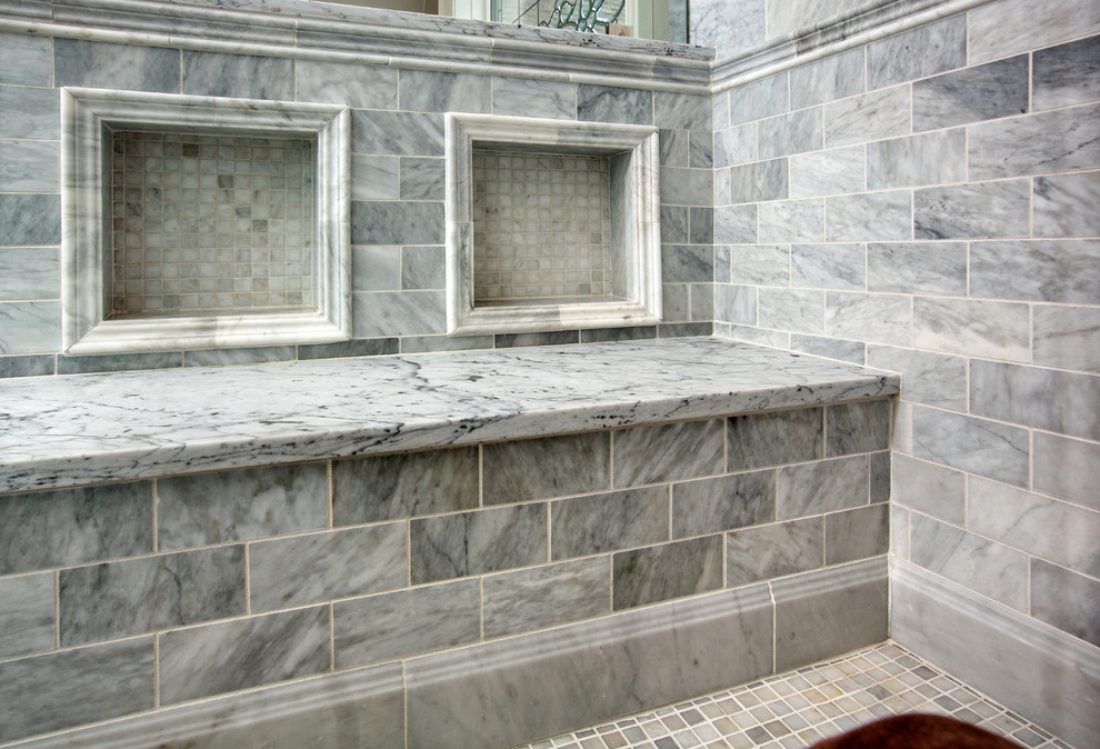 Design ideas for a large traditional master bathroom in Columbus with an undermount sink, beaded inset cabinets, white cabinets, marble benchtops, a freestanding tub, a double shower, a one-piece toilet, gray tile, stone tile, grey walls and marble floors.