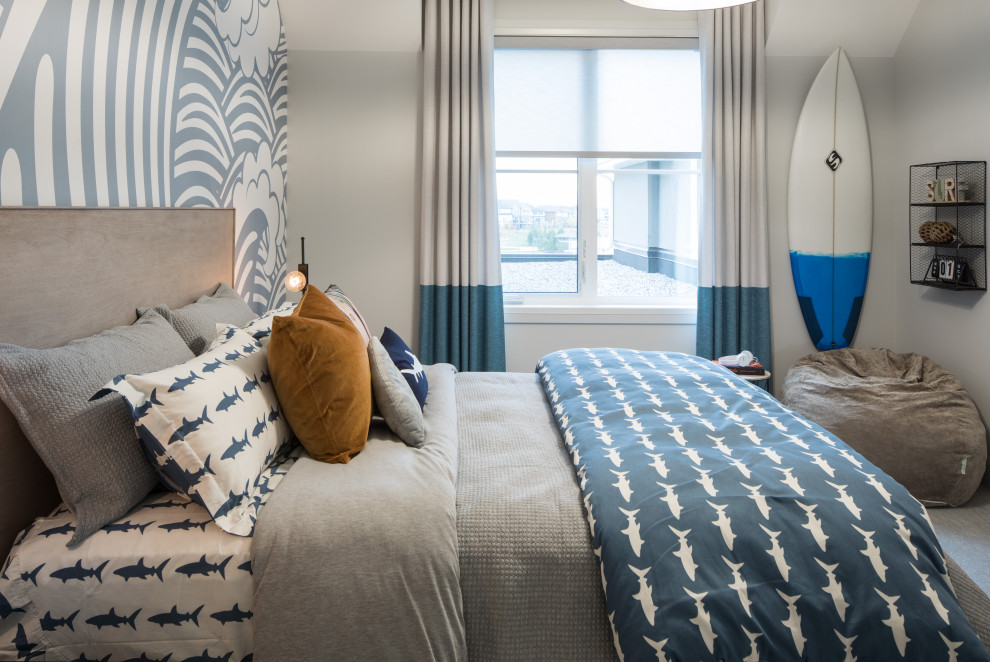 Inspiration for a bedroom and large contemporary boy carpeted, gray floor, vaulted ceiling and wallpaper kids' bedroom remodel in Calgary with multicolored walls