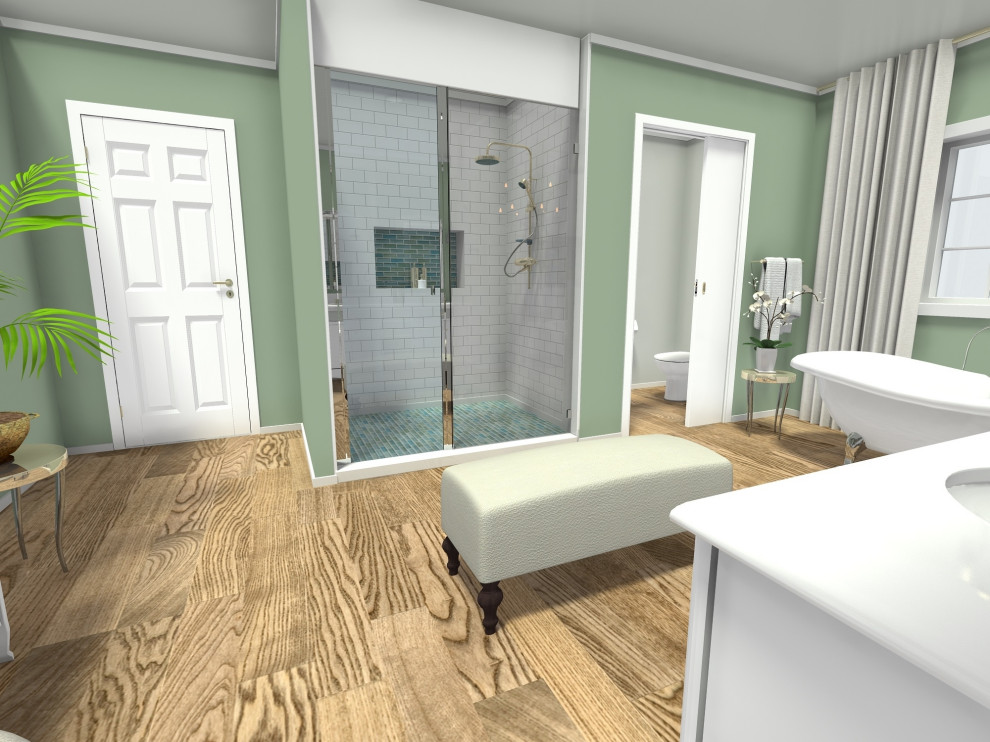 Cette photo montre une grande salle de bain chic avec un placard en trompe-l'oeil, une baignoire sur pieds, WC suspendus, un mur rose, un sol en carrelage de céramique, un lavabo intégré, un sol gris, meuble double vasque et meuble-lavabo encastré.