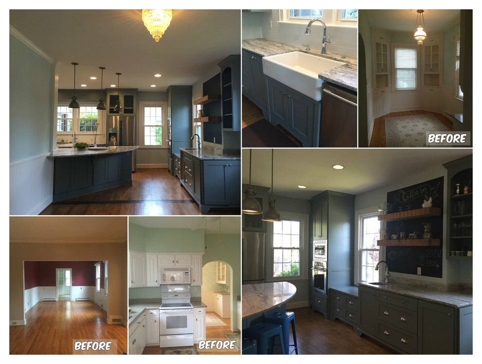 Design ideas for a mid-sized arts and crafts l-shaped eat-in kitchen in Other with a farmhouse sink, shaker cabinets, grey cabinets, granite benchtops, subway tile splashback, stainless steel appliances, light hardwood floors and with island.