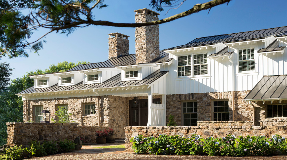 Rustic Stone Veneer Exterior Design Inspiration Reference: American Farmhouse With Board And Batten And Rustic Stone