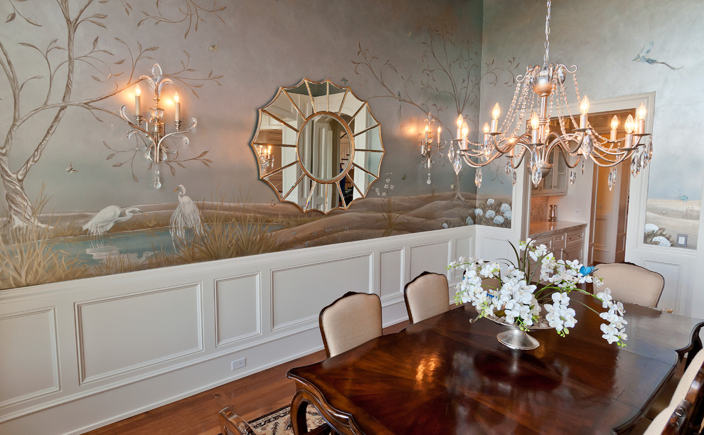 Riverton - Ewell - Example of a large classic medium tone wood floor and brown floor enclosed dining room design in Salt Lake City with multicolored walls and no fireplace