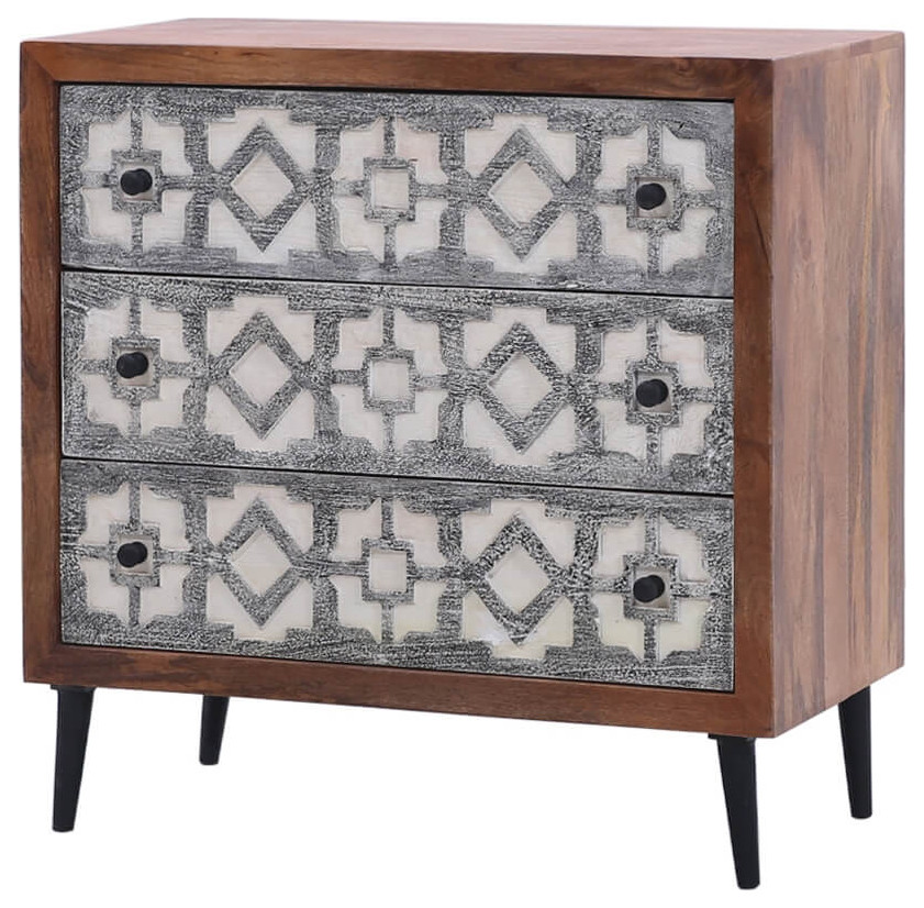 Modern Solid Wood Geometric Hand Carved 3-Drawer Dresser - Midcentury ...