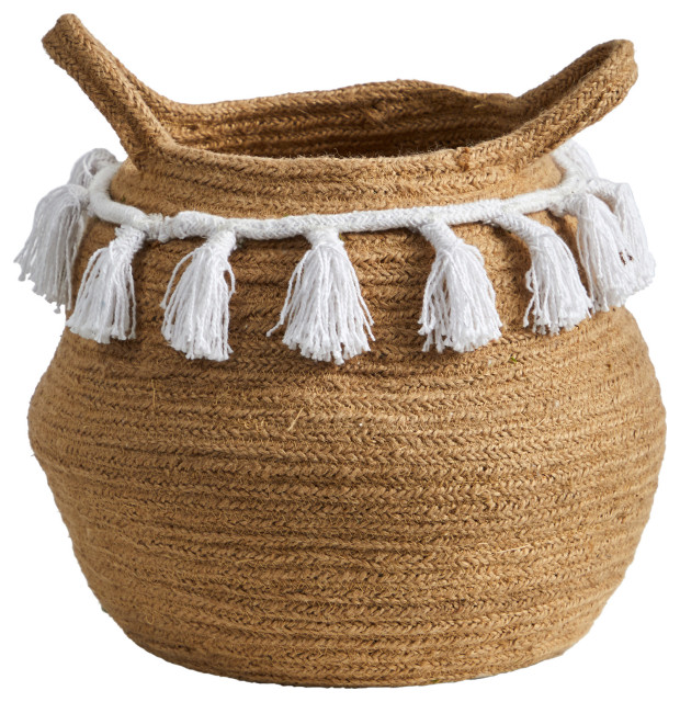 11" Boho Chic Handmade Natural Cotton Woven Basket Planter With Tassels