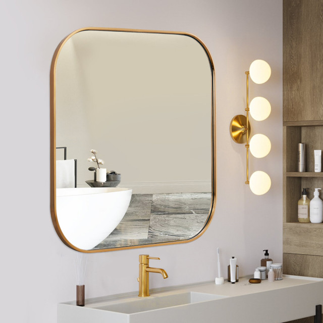MOTINI 32" Large Square Gold Stainless Steel Framed Wall Mirror