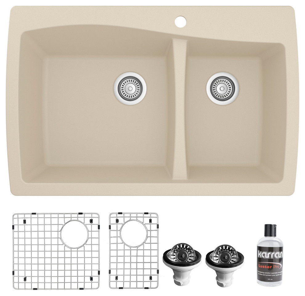 Karran Drop-In Quartz 34" 1-Hole 60/40 Double Bowl Sink Kit, Bisque