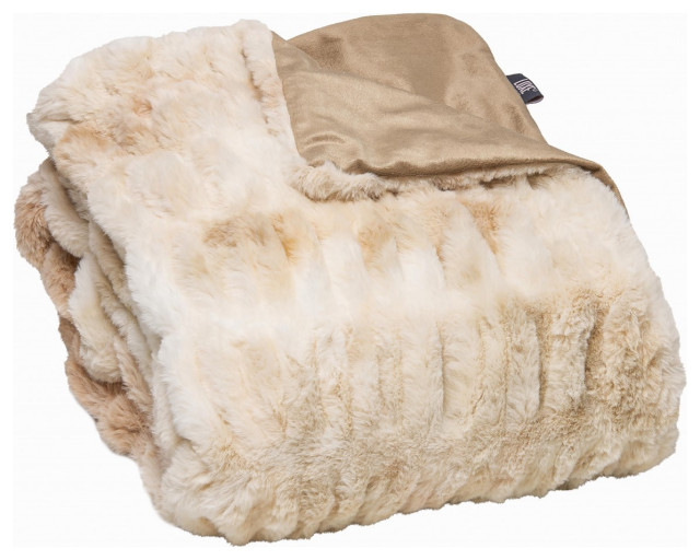 Chunky Sectioned Shades of Beige Faux Fur Throw Blanket Contemporary