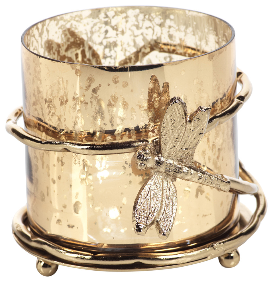 Dragonfly Gold Glass Votive Candle Holder, 3.5" Diameter Contemporary