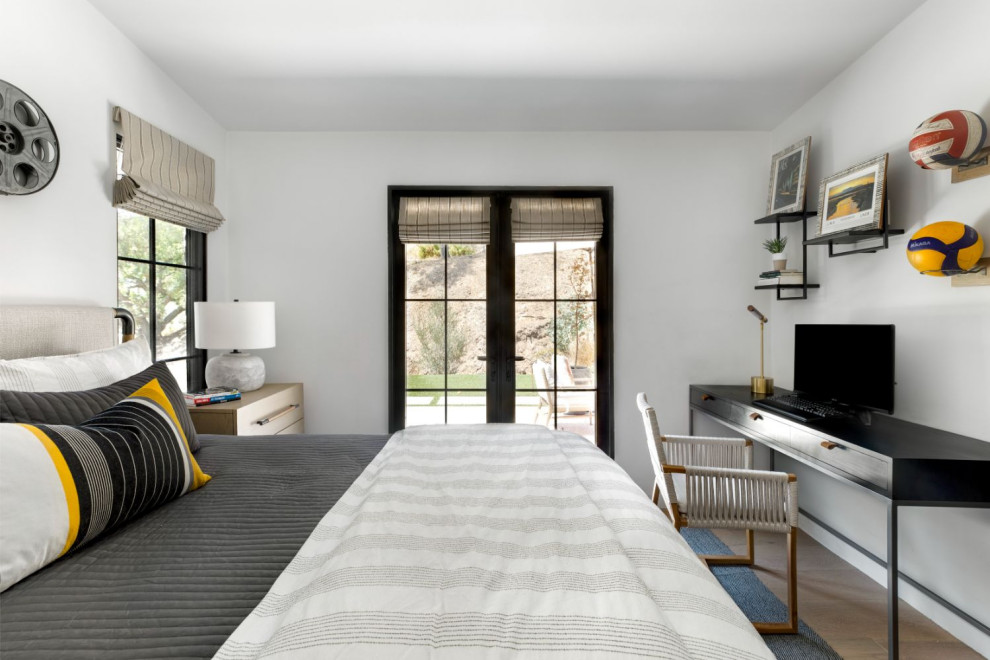 Photo of a medium sized contemporary master bedroom in Los Angeles with white walls, medium hardwood flooring and no fireplace.
