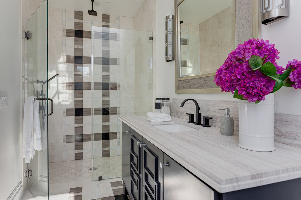 Inspiration for a transitional 3/4 bathroom in Los Angeles with multi-coloured tile, white walls, an undermount sink, an alcove shower, a hinged shower door and flat-panel cabinets.