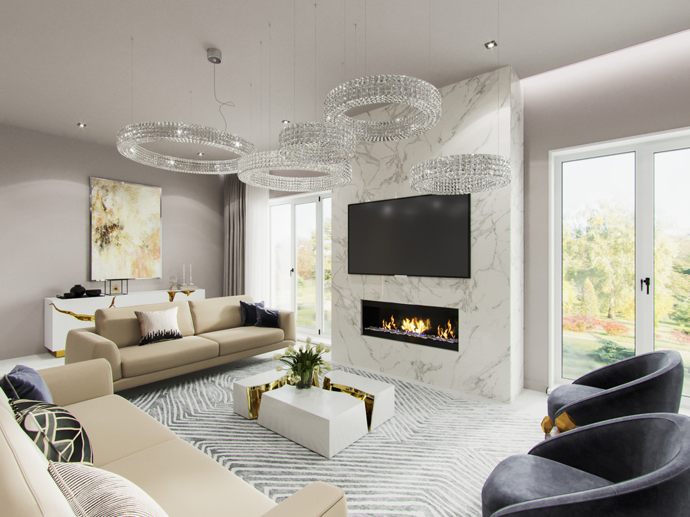Inspiration for a mid-sized contemporary formal open concept living room in Other with white walls, plywood floors, a standard fireplace, a stone fireplace surround, a wall-mounted tv and white floor.