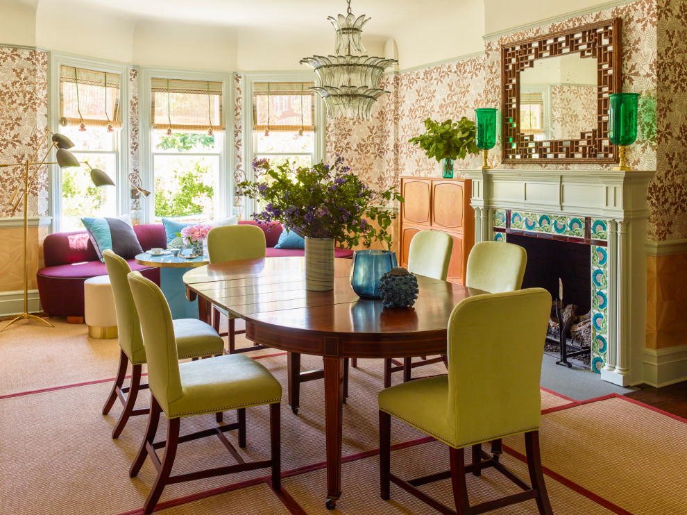 Larchmont Victorian - The mantle is original but we added the Victorian painted tile surround. The chair rail was existing, we combined two wallpapers to make it interesting. The rug is an outdoor sisal, we stitched it together like tatami mats. Client's grandmother's table, mixed with new colorful custom furniture. We designed and had made the tea table and sofa in the window.