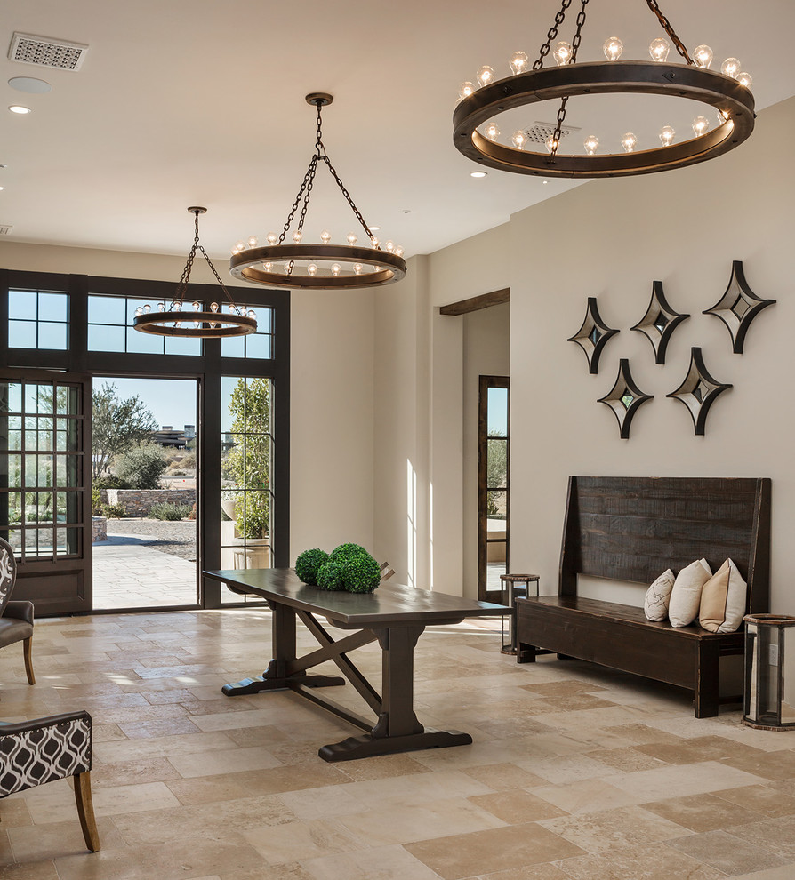 Example of a huge tuscan beige floor double front door design in Phoenix with beige walls and a metal front door