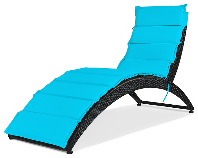 Costway Folding Patio Rattan Lounge Chair Chaise Cushioned Garden Turquoise