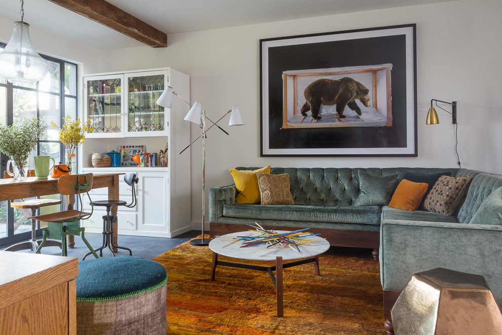 Design ideas for a mid-sized eclectic open concept family room in San Francisco with white walls, slate floors and a built-in media wall.