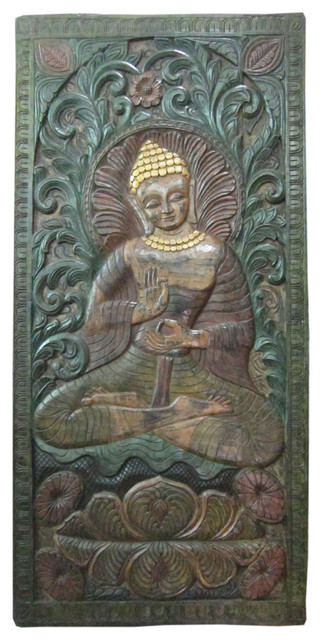 Consigned Buddha Door Panel Reclaimed Wood Carved Wall Panel