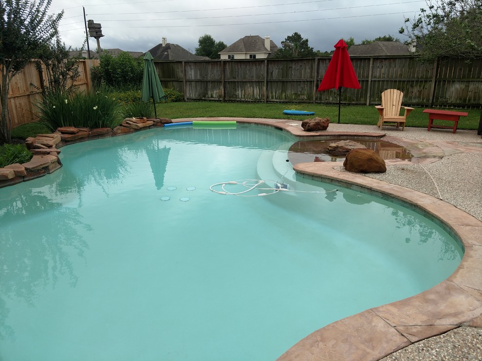 This is an example of a mid-sized tropical backyard custom-shaped natural pool in Houston with a water feature and gravel.