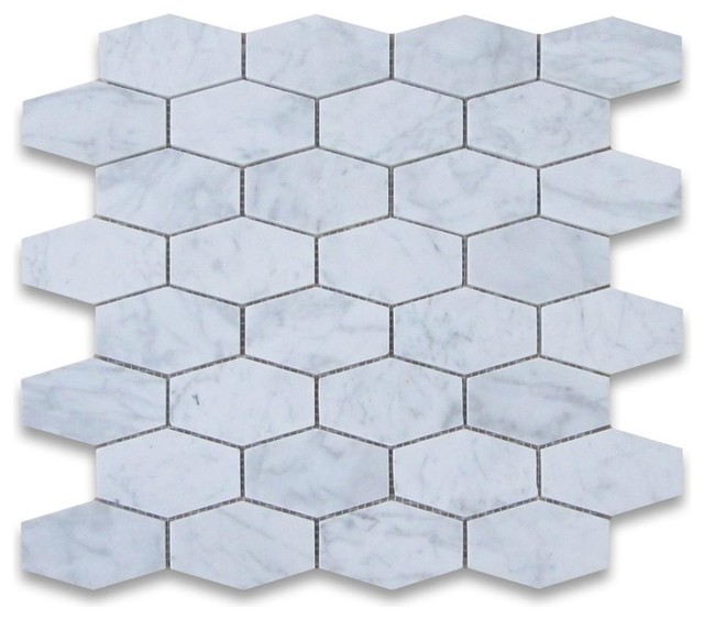 12"x12" White Elongated Hexagon Marble Mosaic, Honed, Set of 50