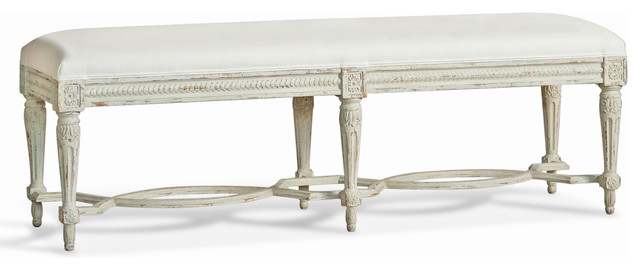 EloquenceÃ‚Â® Constance Bench in Weathered White and White Linen ... - Grande Constance Bench in Dove Grey traditional-upholstered-benches