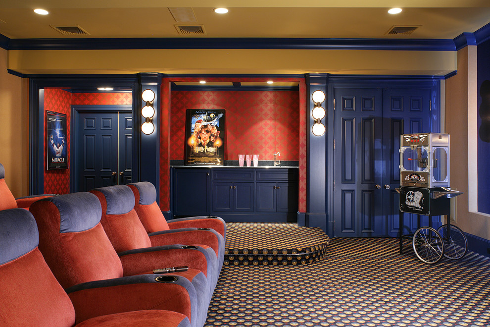 Inspiration for a traditional enclosed home theatre in New York with yellow walls, carpet and multi-coloured floor.