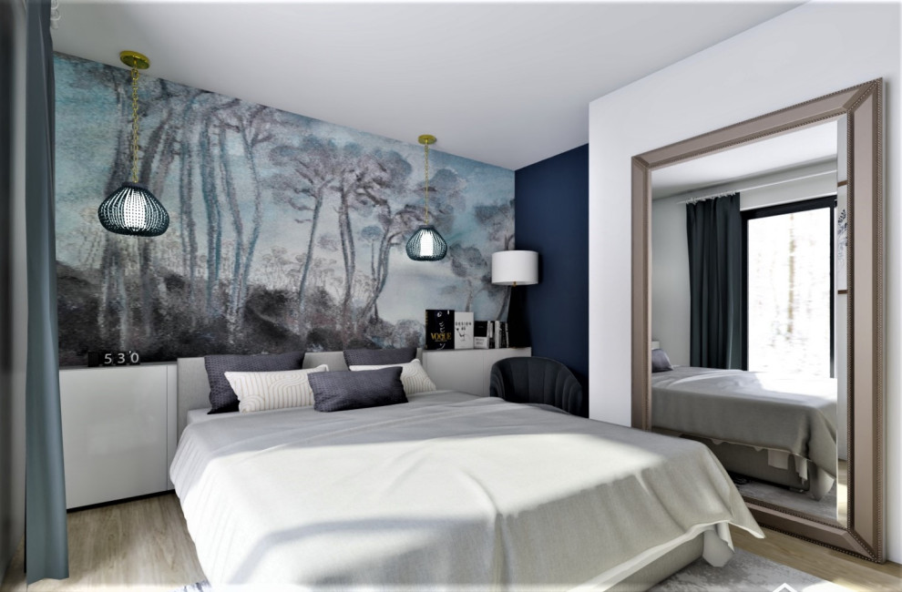 Inspiration pour une petite chambre blanche et bois marine avec un mur bleu, parquet clair et du papier peint.