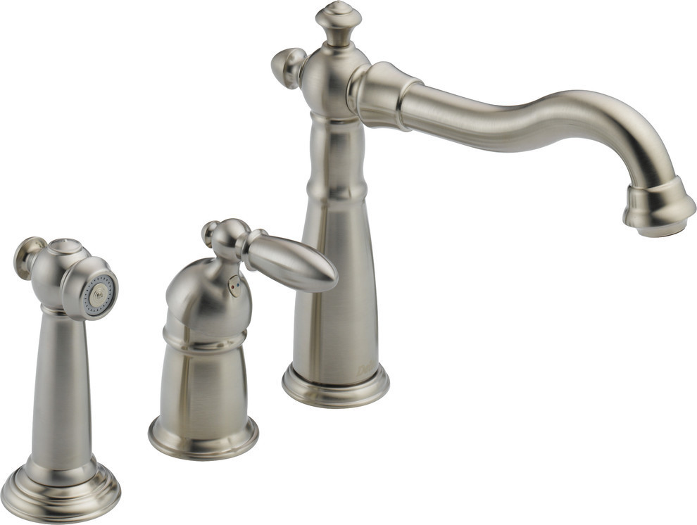 Delta Victorian Single Handle Kitchen Faucet With Spray, Stainless, 155-SS-DST