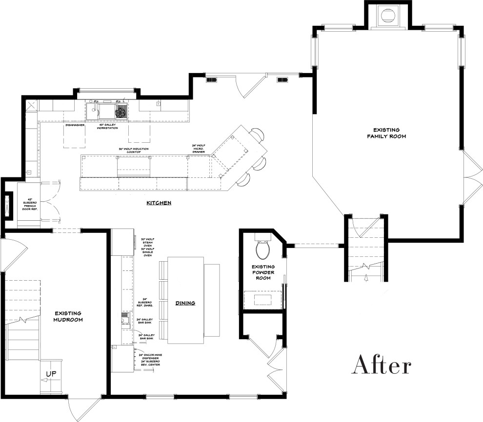Eat-in kitchen - large transitional l-shaped medium tone wood floor and brown floor eat-in kitchen idea in Chicago with an undermount sink, flat-panel cabinets, white cabinets, solid surface countertops, white backsplash, marble backsplash, paneled appliances, an island and black countertops