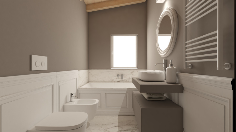 Cette image montre une petite salle d'eau grise et blanche minimaliste avec un placard à porte affleurante, des portes de placard grises, une baignoire posée, WC suspendus, un mur gris, un sol en marbre, une vasque, un plan de toilette en marbre, un sol blanc, un plan de toilette gris, meuble simple vasque, meuble-lavabo suspendu et boiseries.