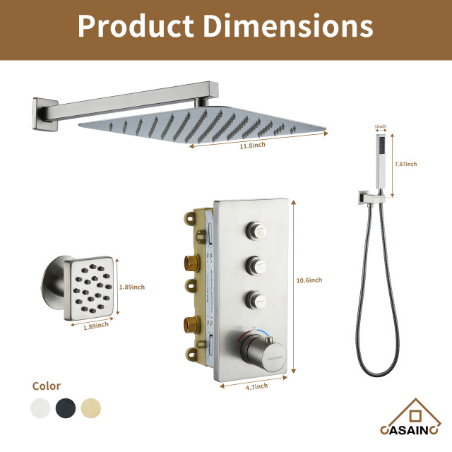 3 Functions 12 Inch Wall Mount Thermostatic Shower System ...
