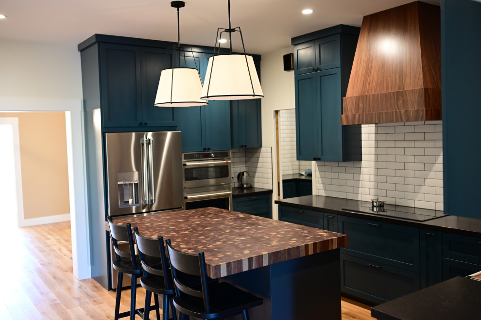Teal Shaker Kitchen with End-Grain Wood Island | Bay Area