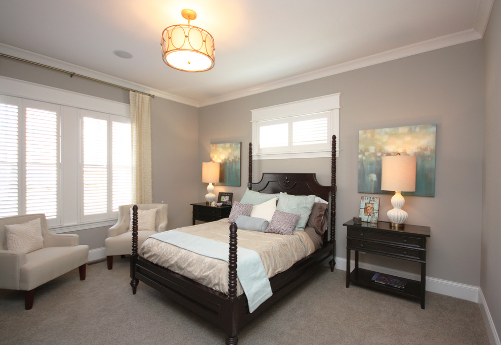 Transitional master bedroom in Indianapolis with grey walls and carpet.