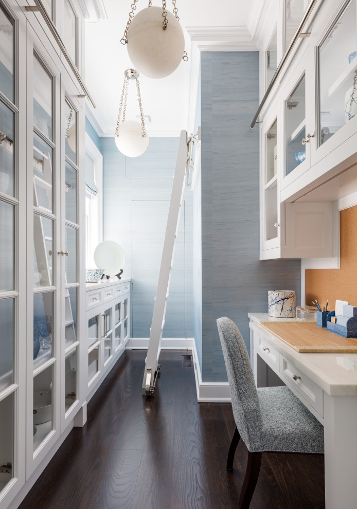 Large transitional galley dark wood floor and brown floor kitchen pantry photo with glass-front cabinets, white cabinets, no island and white countertops