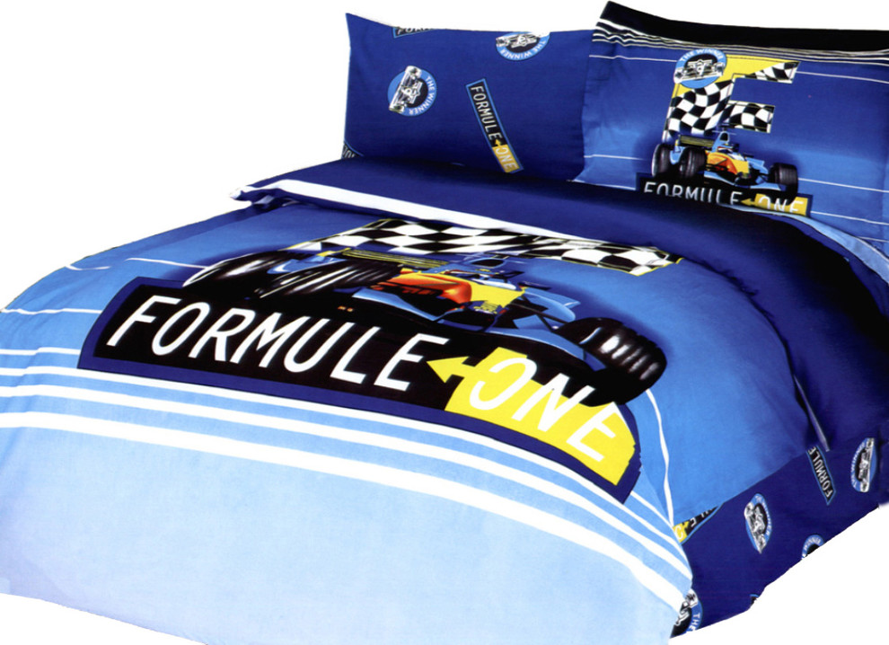 Kids Car Racing Blue, 4pc Duvet Cover Sheet Set Bed in a Gift Box, Twin Size