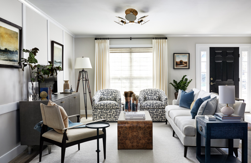 Transitional open concept living room in Baltimore with grey walls, dark hardwood floors and brown floor.