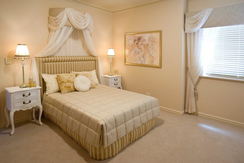 Inspiration for a medium sized mediterranean guest bedroom in Perth with beige walls, carpet, beige floors and a drop ceiling.
