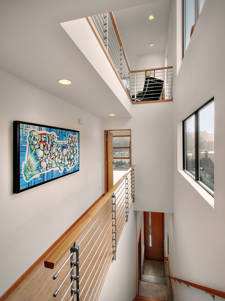 Contemporary wood straight staircase in Seattle.