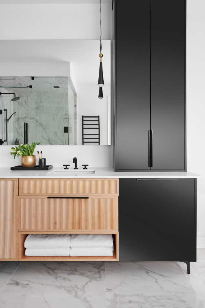 Photo of a contemporary master bathroom in Toronto with flat-panel cabinets, medium wood cabinets, an alcove shower, white walls, an undermount sink, engineered quartz benchtops, multi-coloured floor, a hinged shower door, a double vanity and a built-in vanity.
