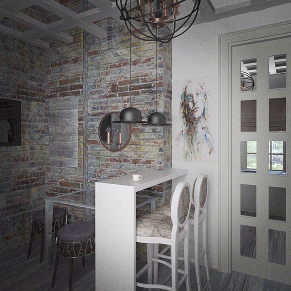 Организация кухни с уютным местом для чаепития, в проходном, узком помещении.