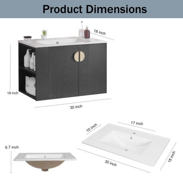 30 Inches Plywood Wall-Mounted Bath Vanity Set, Integrated Ceramic Sink ...