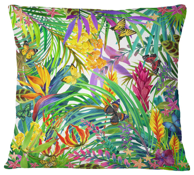 Tropical Leaves And Flowers Floral Throw Pillow, 18"x18"