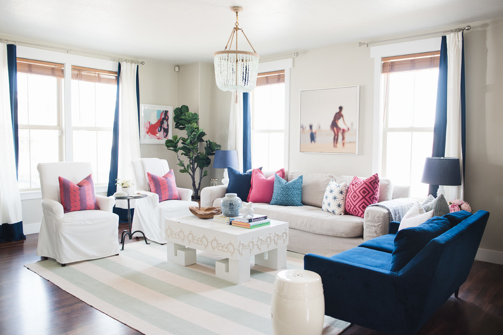 Inspiration for a coastal dark wood floor living room remodel in Salt Lake City with white walls