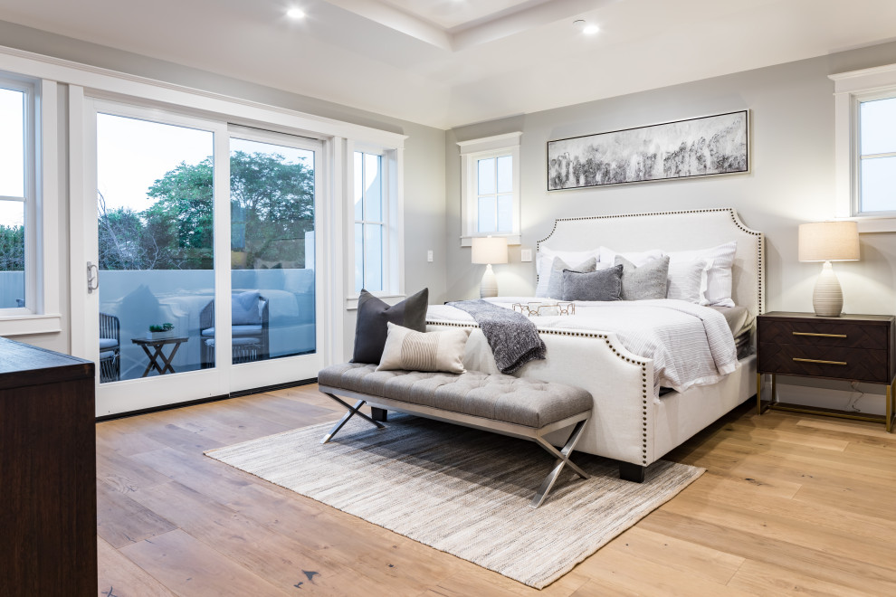 Design ideas for a classic bedroom in San Francisco with grey walls, light hardwood flooring, beige floors and a drop ceiling.