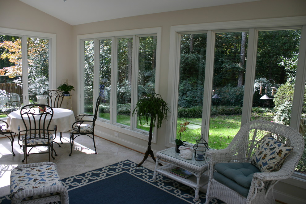 Mid-sized traditional sunroom in Richmond with porcelain floors, no fireplace and a skylight.