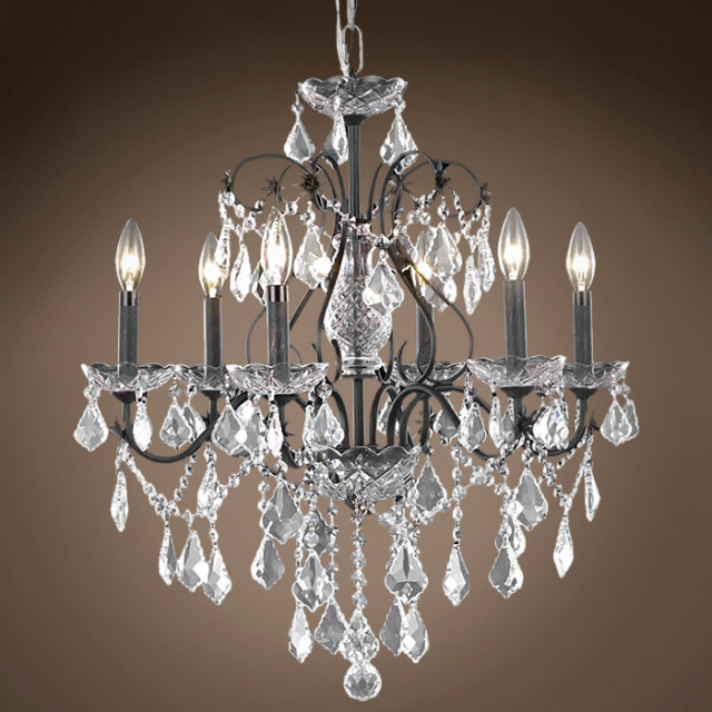 Heritage 6 Light 24" Deep Iron Chandelier With Clear Asfour Crystal and Led Bulb